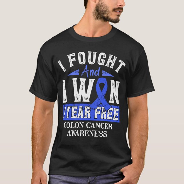 Colon Cancer Survivor 1 Year Free Blue Ribbon Awar T-Shirt (Front)