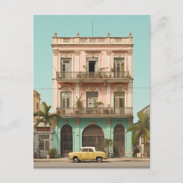 Colonial Building Yellow Car Havana Cuba Postcard (Front)