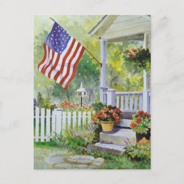 Colonial Country Home American Flag Front Porch Postcard (Front)