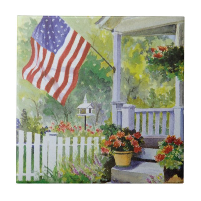 Colonial Country Home American Flag Front Porch Tile (Front)