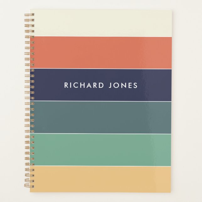 Color Block Name Retro Stripes Blue Green Pink Planner (Front)