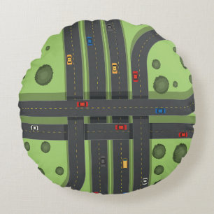 Color Cartoon Highway & Cars Cool Background Graph Round Cushion