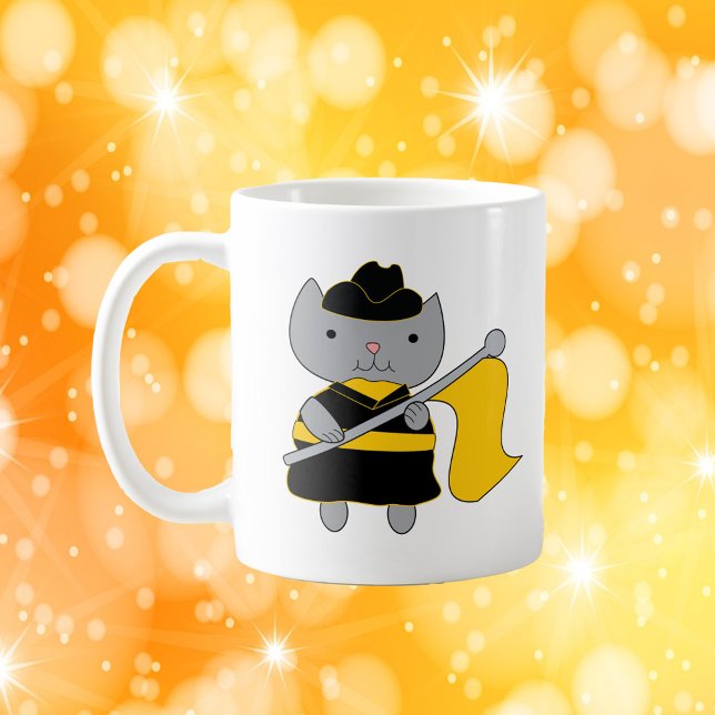 Color Guard Cat Black and Yellow Gold Coffee Mug (A mug with a cute gray cat wearing a black and yellow gold color guard uniform.)