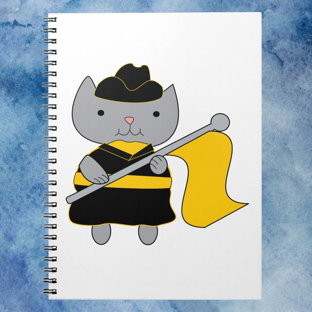 Color Guard Cat Yellow Flag Black Uniform Notebook (A notebook featuring a cute gray cat wearing a black and yellow gold color guard uniform.)