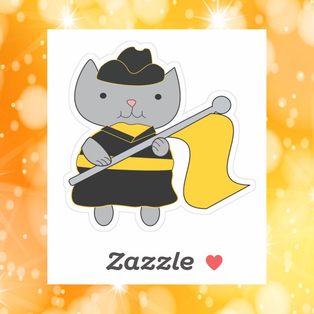 Color Guard Gray Cat Black Yellow Gold (A die cut sticker of a gray cat wearing a yellow and black color guard uniform with yellow flag.)