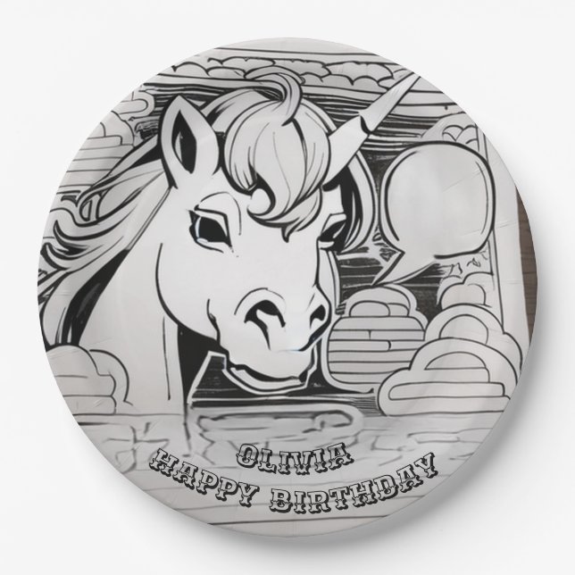 Color-In Unicorn Birthday Paper Plate, Custom Name Plate (Front)