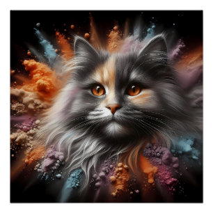 Color Splash Abstract Feline Art Long-Haired Cat  Poster
