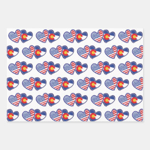 Colorado and USA Flag Hearts Wrapping Paper Sheet