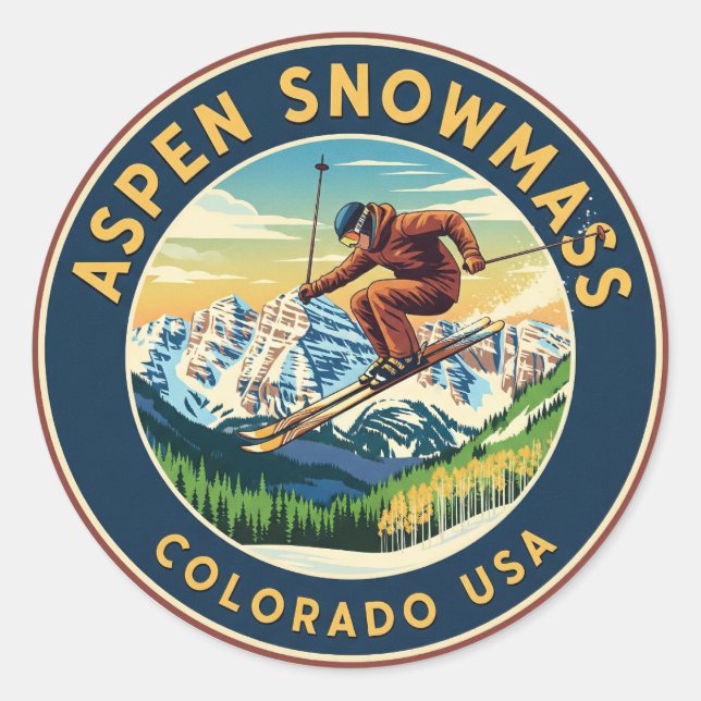 Colorado Aspen Snowmass Skier Skiing Classic Round Sticker (Front)