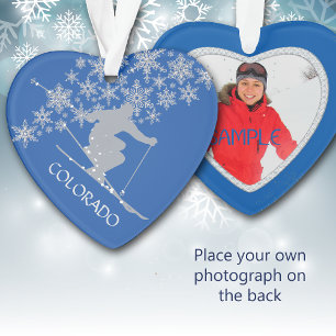 Colorado Christmas Snowflake Skier Photo Template Ornament