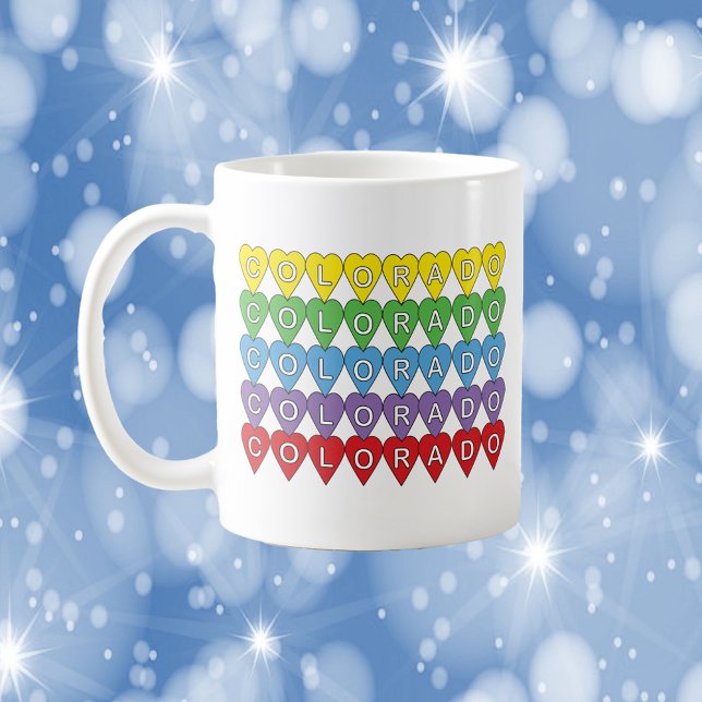 Colorado Colourful Hearts Pattern Coffee Mug (A mug with the word Colorado in yellow, green, blue, purple and red hearts)