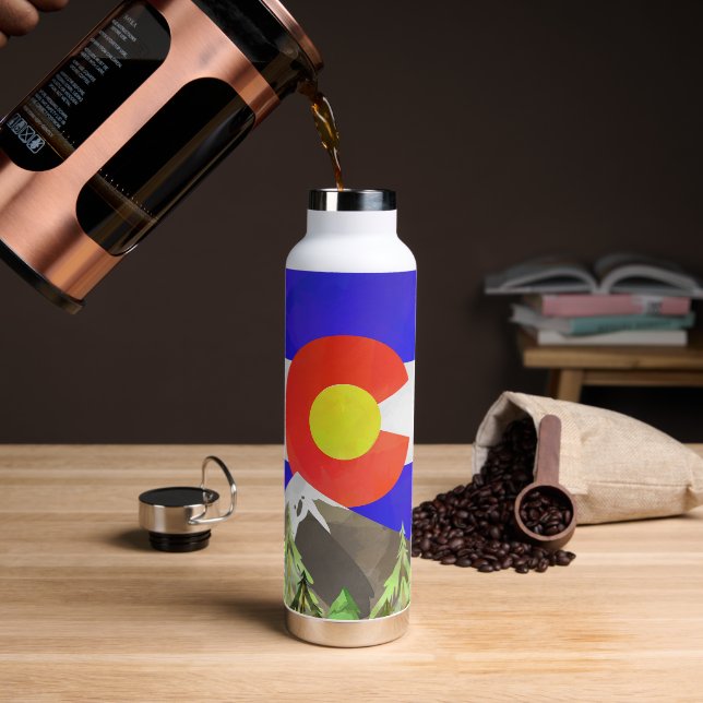 Colorado Flag Water Bottle with Mountains & Trees (Coffee)