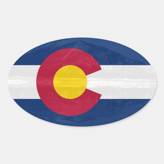 Colorado flag with mountain background oval sticker (Front)