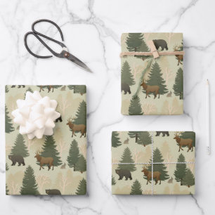 Colorado Forest Bears Elk Rabbits Nature Pattern Wrapping Paper Sheet