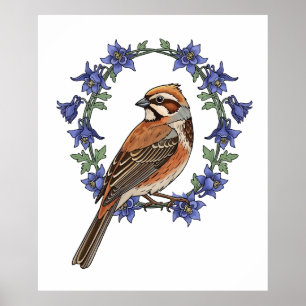 Colorado Lark Bunting Bird Surrounded By Columbine Poster