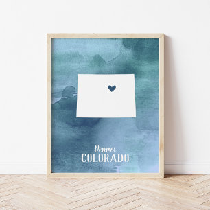 Colorado Map Blue Watercolor Personalised Art Poster