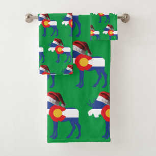 ColorADO mOOSE WEARING A sANTA cLAUS hAT Bath Towel Set