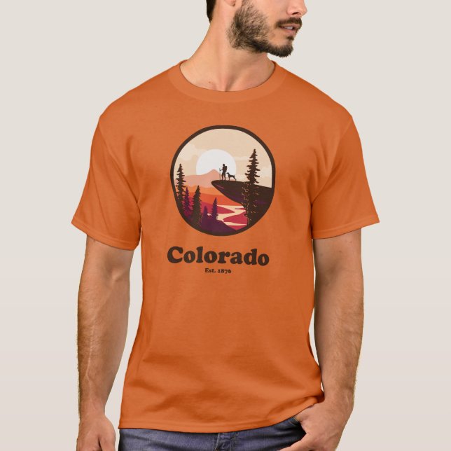 Colorado Mountain Top T-Shirt With Hiker And Dog (Front)