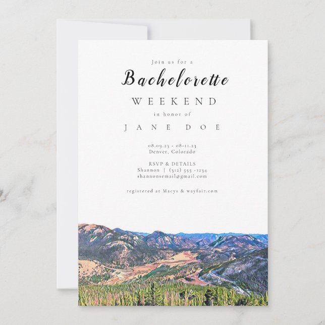 Colorado Mountains Bachelorette Party Invitation (Front)