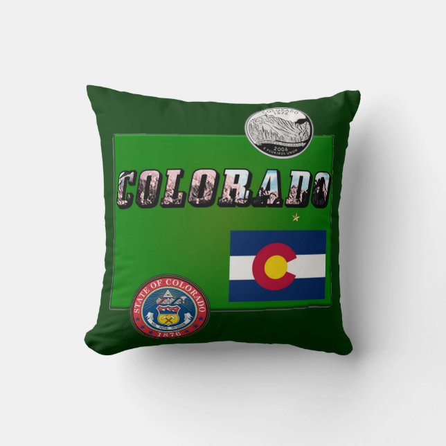 Colorado Picture Text, Flag, Seal, Quarter, Map Cushion (Front)