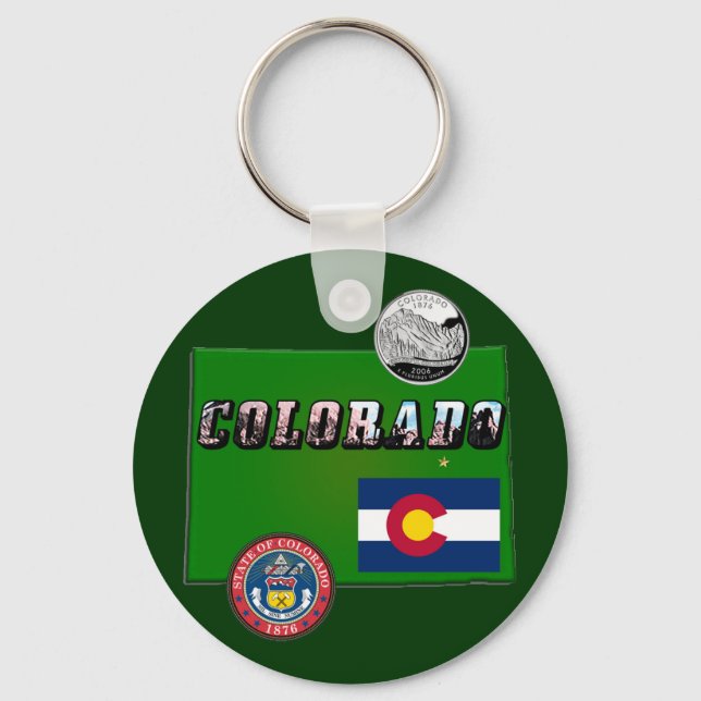 Colorado Picture Text, Flag, Seal, Quarter, Map Key Ring (Front)
