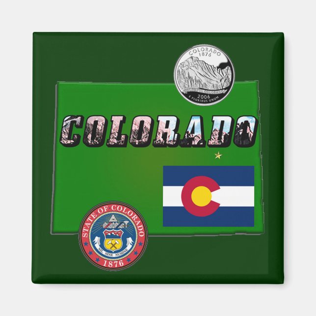 Colorado Picture Text, Flag, Seal, Quarter, Map Magnet (Front)