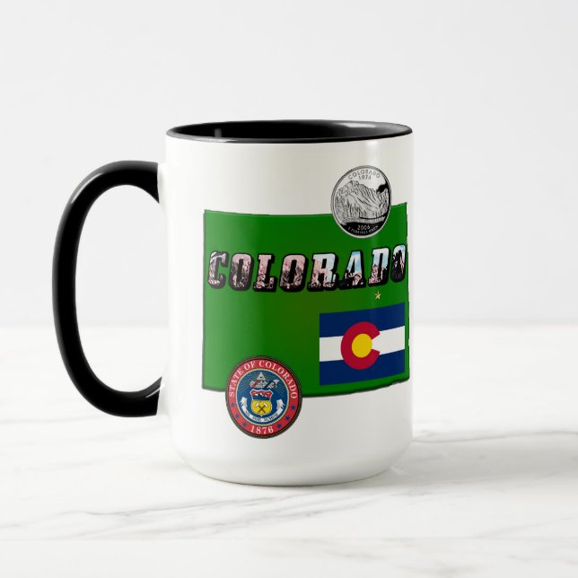 Colorado Picture Text, Flag, Seal, Quarter, Map Mug (Left)