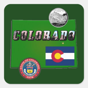 Colorado Picture Text, Flag, Seal, Quarter, Map Square Sticker
