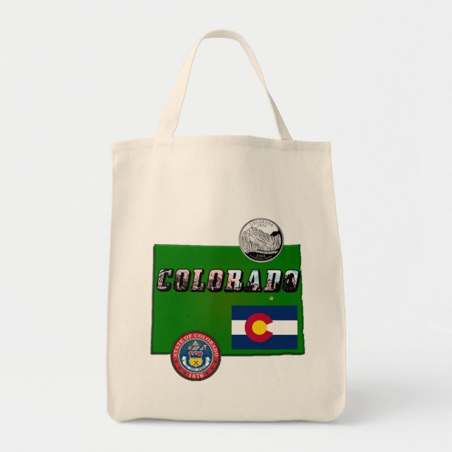 Colorado Picture Text, Flag, Seal, Quarter, Map Tote Bag (Front)