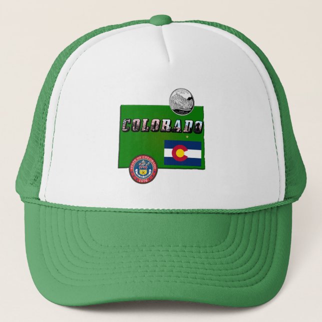 Colorado Picture Text, Flag, Seal, Quarter, Map Trucker Hat (Front)