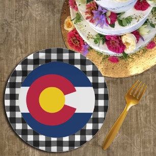Colorado Plate, buffalo plaid USA & Colorado Flag Paper Plate