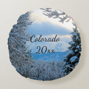 Colorado Snowy Mountains Framed by Pine Trees  Round Cushion