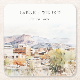 Colorado Springs, Colorado Watercolor Wedding Square Paper Coaster