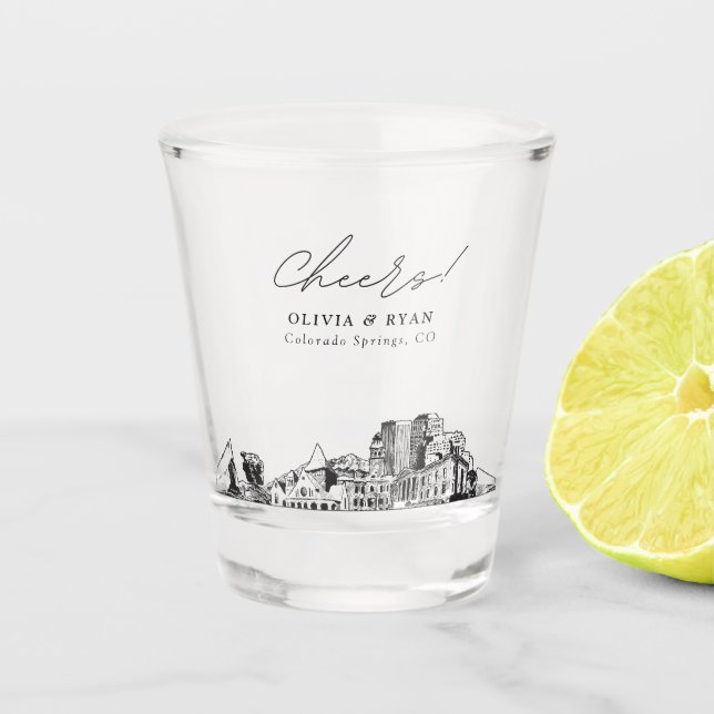 Colorado Springs Wedding Favour Personalised Cheer Shot Glass (Front)