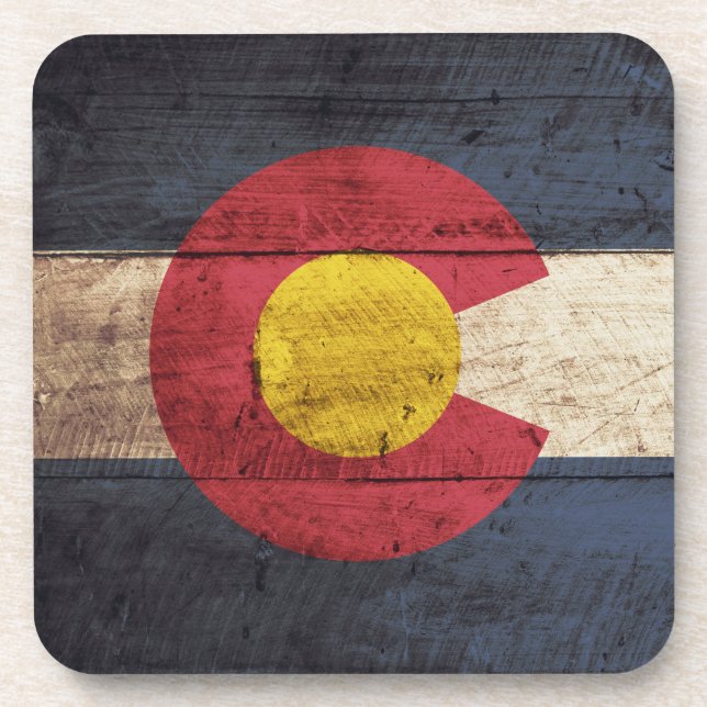 Colorado State Flag on Old Wood Grain Coaster (Front)