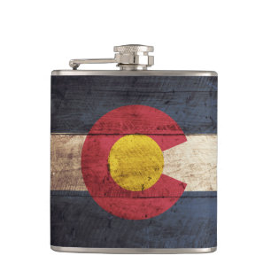 Colorado State Flag on Old Wood Grain Hip Flask
