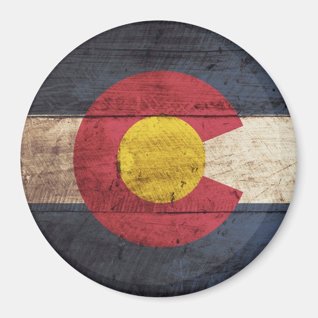 Colorado State Flag on Old Wood Grain Magnet (Front)
