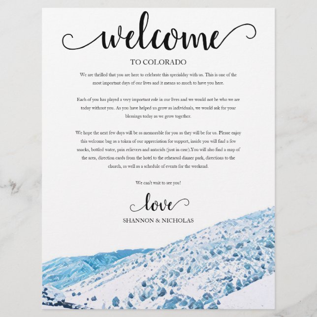 Colorado Winter Wedding Weekend Welcome Itinerary (Front)