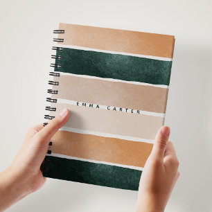 Colorblock Brown & Green Abstract Stripes Monogram Notebook