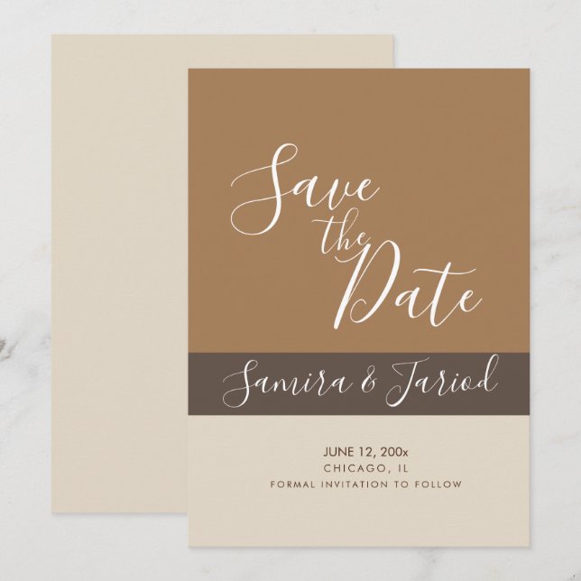 Colorblock Geometrical Brown Save the Dates Card (Front/Back)