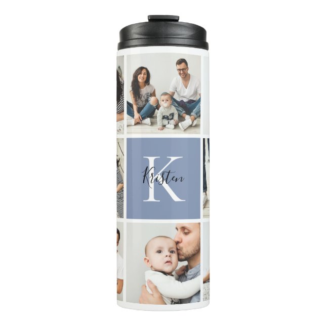 Colorblock Monogram Family Photo Collage | Blue Thermal Tumbler (Front)