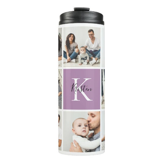 Colorblock Monogram Family Photo Collage | Lilac Thermal Tumbler (Front)