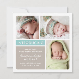 Colorblock Photo Collage Aqua Baby Birth Announcement