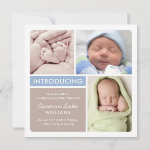 Colorblock Photo Collage Blue Taupe Baby Boy Birth Announcement