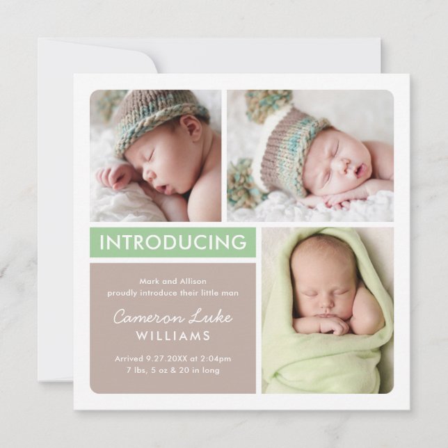 Colorblock Photo Collage Green Baby Birth Announcement (Front)