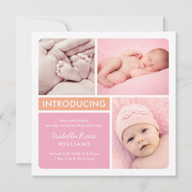 Colorblock Photo Collage Pink Baby Girl Birth Announcement (Front)