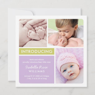 Colorblock Photo Collage Purple Baby Girl Birth Announcement