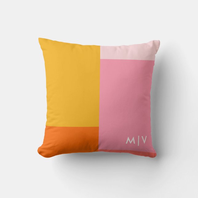 Colorblock Pink and Orange | Modern Monogram Cushion (Front)