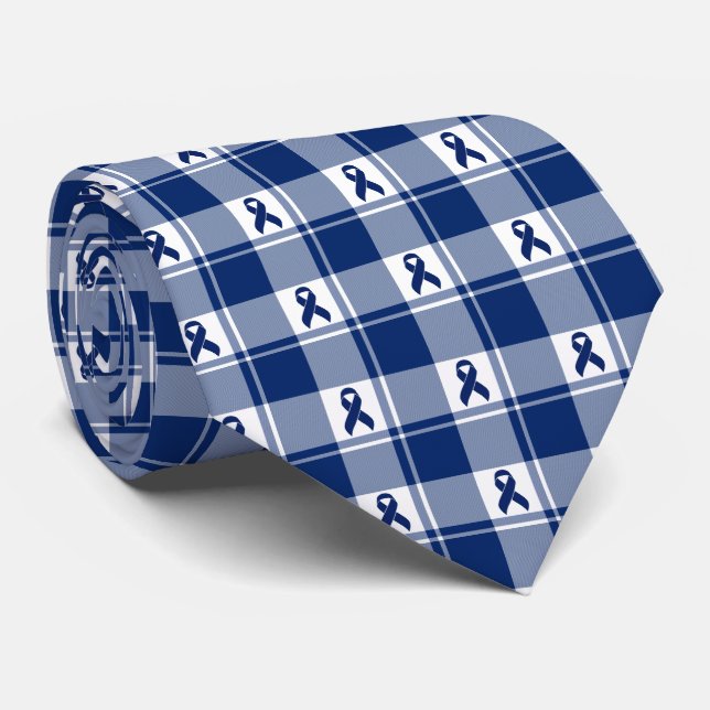 Colorectal Cancer Awareness Plaid Dark Blue Ribbon Tie (Rolled)