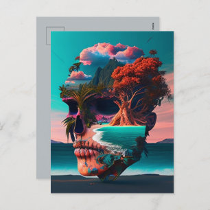 Colored skull head holiday postcard